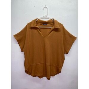 Gyft Mustard Brown Dolman Short Sleeve Polo V-Neck High Low Slouchy Knit Top LXL